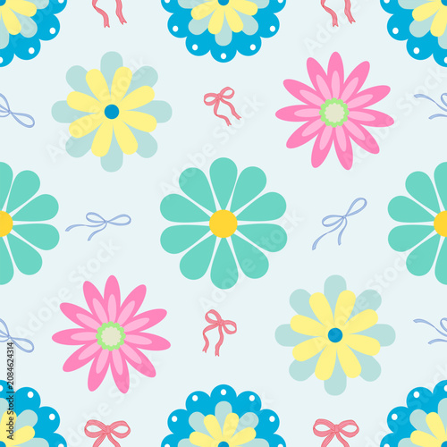 Cute Pastel Daisy Flowers and Bows Seamless Pattern