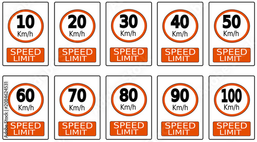 Obraz na płótnie Traffic Speed Limit Road Signs Set 10 to 100 km/h Vector Collection