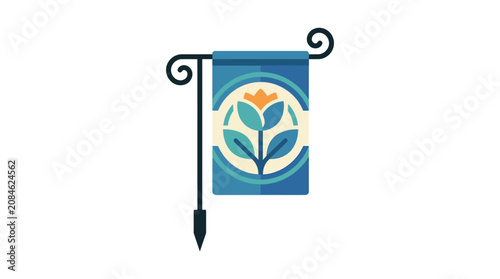 Flat illustration of a blue decorative garden flag with flower