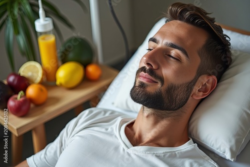 Man receiving vitamin therapy IV drip infusion surrounded by fruits and nutrients.