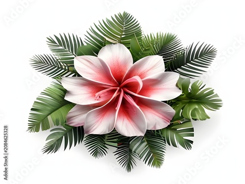 Pink protea flower with green leaves isolated.