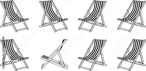 Deckchair, folding chair, beach chair, striped, illustration, vector graphics, 8 icons