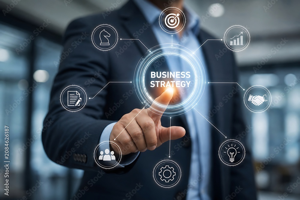 Obraz premium Businessman touching a virtual screen with business strategy icons and digital interface