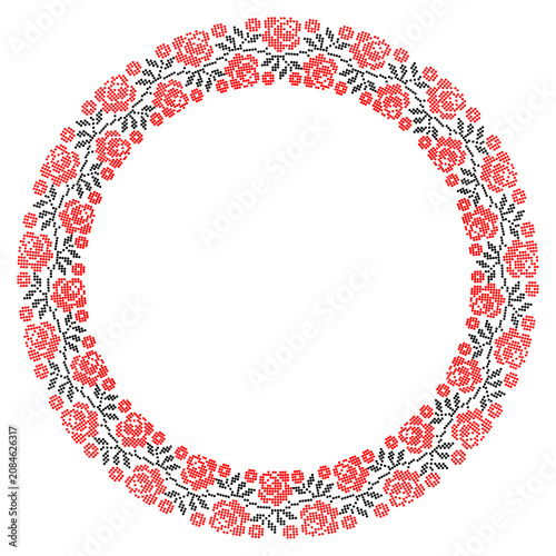 Ukrainian Embroidery Floral Round Frame, Traditional Black and Red Vyshyvanka Circle Border with Roses, Folk Cross Stitch Ornament, Decorative Vector Template