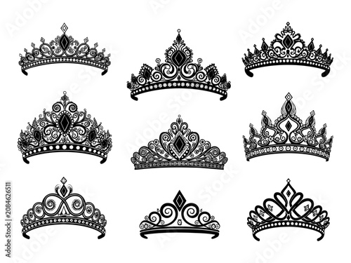 Vector tiara set. Beautiful queen tiaras or princess crown silhouettes for wedding cards and vignettes