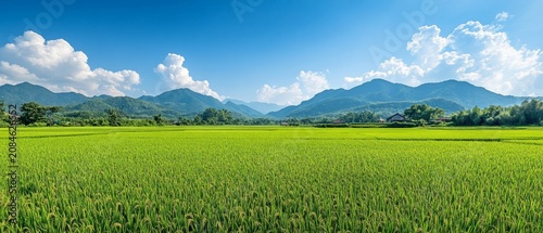 Vibrant green rice paddies stretch beneath a blue sky with fluffy clouds, serving as a serene nature background for agricultural themes.