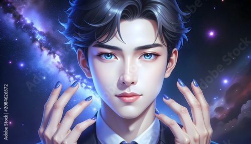 Close up portrait of a young man with futuristic blue lighting.