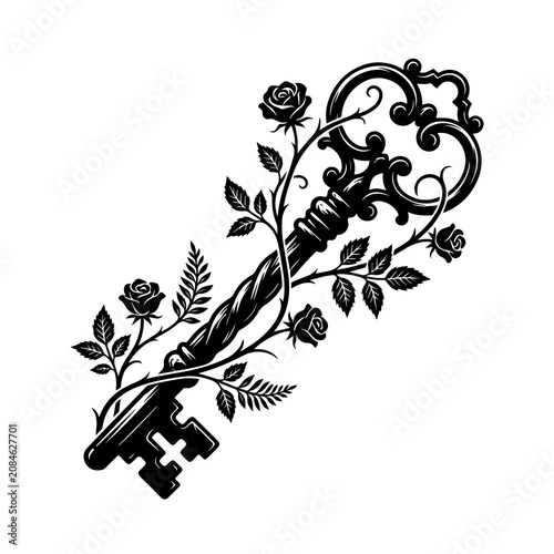 Картината върху платно Vintage ornate key entwined with rose flowers and fern leaves, black and white l