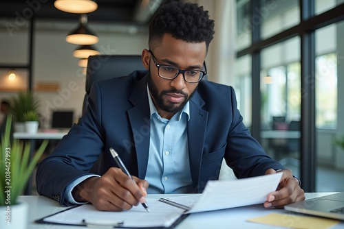 An African American entrepreneur meticulously calculating invoices in a corporate office.