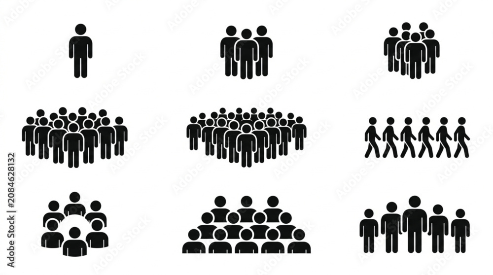 Fototapeta premium Human Crowd Silhouette Icons Set Minimal People Vector Grid People Icons Pack Crowd Sizes Group Silhouettes Minimal Vector Human Silhouette Icon Set Single Group Crowd Flat Vector
