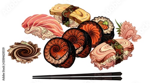 Assorted dried seafood and spices on white background.