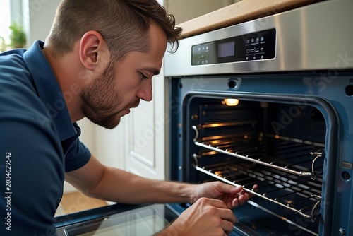 Expert Oven Repair Technician in Action: Close-Up Shot of Malfunctioning Oven Being Fixed in Customer's Kitchen