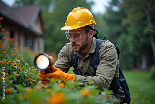 Professional Exterminator Inspecting Garden for Pests in Safety Gear and Providing Bug Bed Treatment with Flashlight