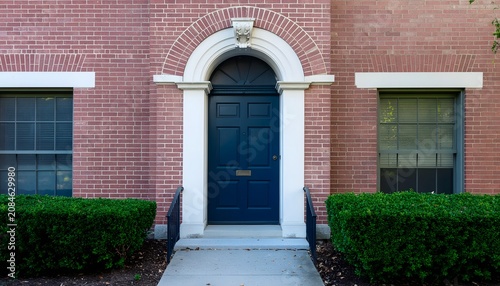 Classic red brick house with arched doorway and windows.