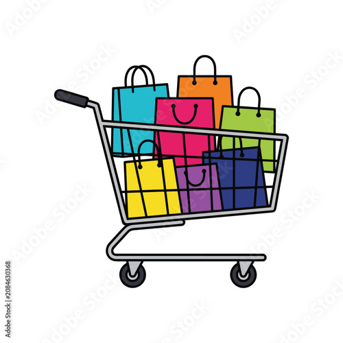 Colorful Shopping Cart Filled With Assorted Gift Bags for Retail Consumer Concept