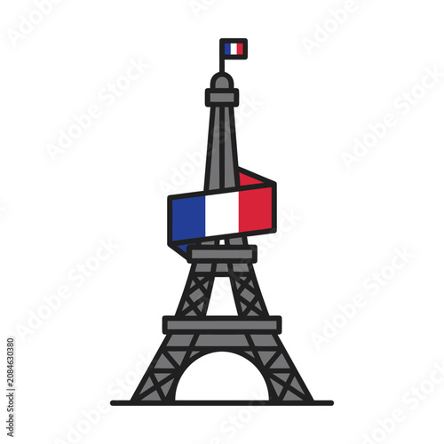 Stylized Minimalist Illustration of an Iconic Iron Lattice Tower Wrapped in the National Flag of France for Travel and Tourism Design Projects