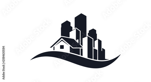 Monochrome City Skyline with House and Wave Element Real Estate Logo Design isolated white background