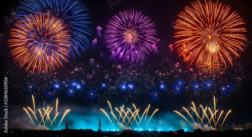Vibrant Fireworks Display Over Dark Night Sky with Colorful Explosions and Trails
