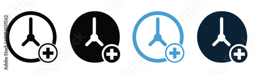 Bild auf Leinwand Extra Hour Icon Set, clock with plus symbol overtime, time extension, additional working hours, schedule management, productivity planning and clean vector illustration