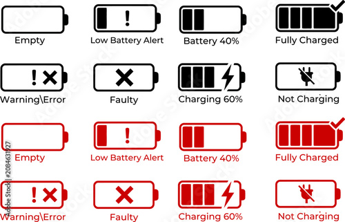 Battery Status Icon Set Collection with Charging Level, Low Battery and Warning Symbols