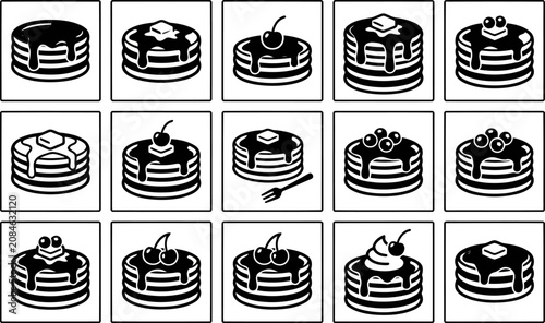 Pancake Stack Icon Set Collection with Syrup Butter and Breakfast Dessert Vector Illustrations
