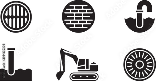 Industrial construction icons demonstrate the heavy machinery and utility infrastructure required for large scale site development.