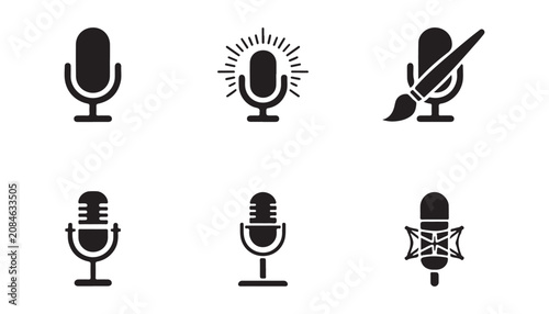 Photos Collection of podcast microphone icons representing studio recording mute functions and artistic tools