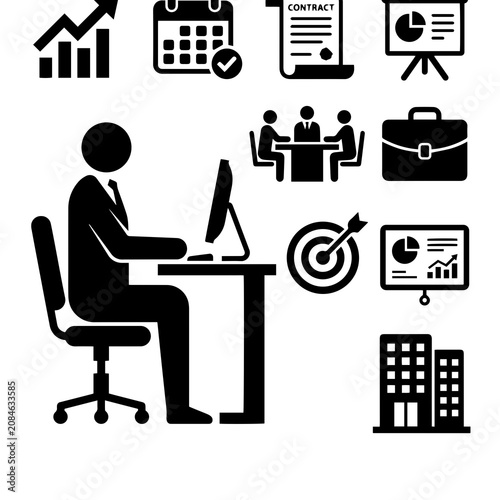 Business person working on a desktop computer with various corporate and financial surrounding the figure on a clean white background, for work