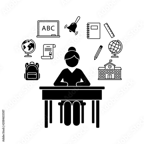 Black and white set featuring a student sitting at a desk surrounded by educational symbols like a globe, school building, and books