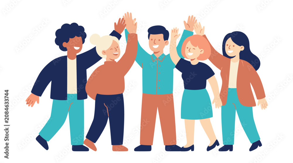 Fototapeta premium Diverse group of people high-fiving each other in unity and celebration showing friendship and teamwork