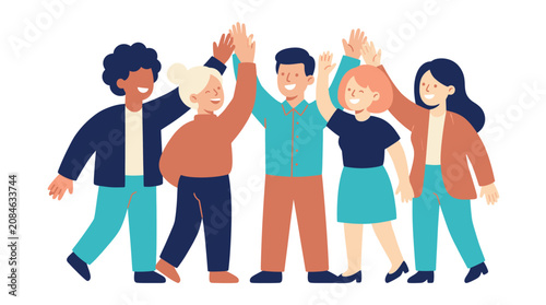 Obraz na plátně Diverse group of people high-fiving each other in unity and celebration showing