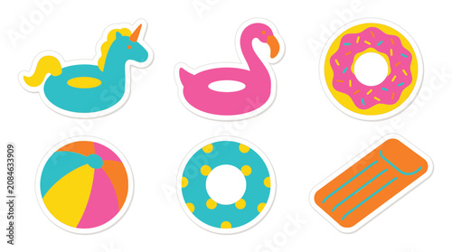 Bild auf Leinwand Colorful summer pool toys and inflatables for kids including unicorn flamingo donut beach ball swim ring and boogie board for fun in the sun