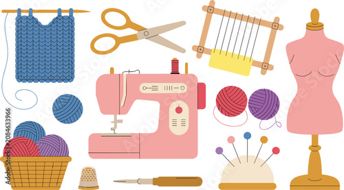 Obraz na plátně Tailoring and dressmaking kit featuring a pink sewing machine mannequin scissors