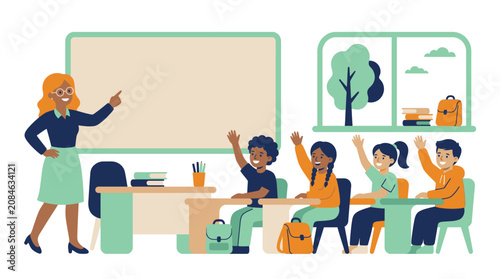 A teacher standing confidently in front of a classroom with students raising their hands engaging in interactive learning and education.