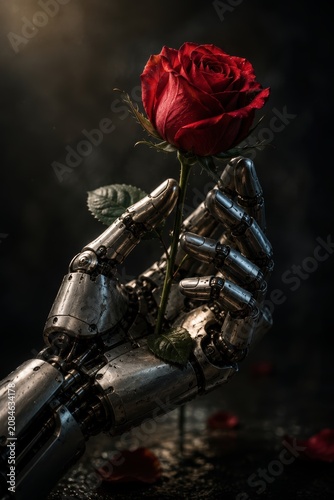 Elegant robotic hand delicately holding a fresh red rose, highlighting the striking contrast between brushed metal machinery and fragile organic beauty against a dark cinematic background.