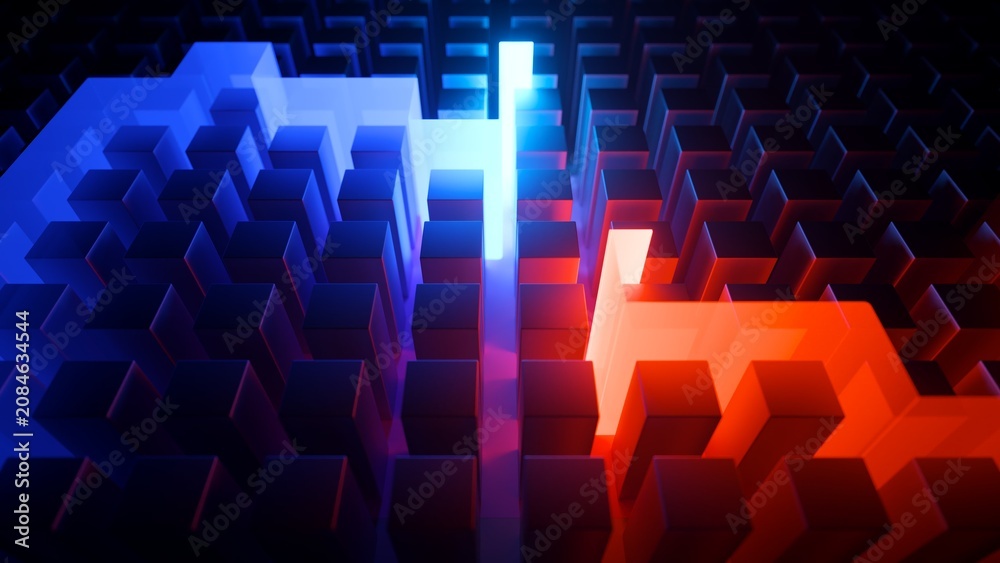 Fototapeta premium Abstract geometrical background. Neon light flowing through a volumetric maze. 3d rendering illustration.