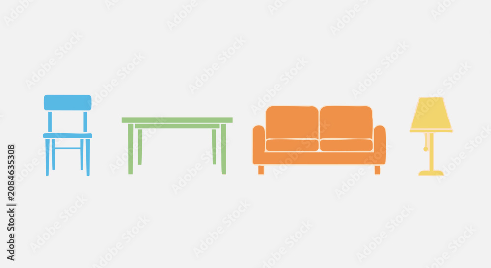 Fototapeta premium Colorful furniture icons for home decor and design