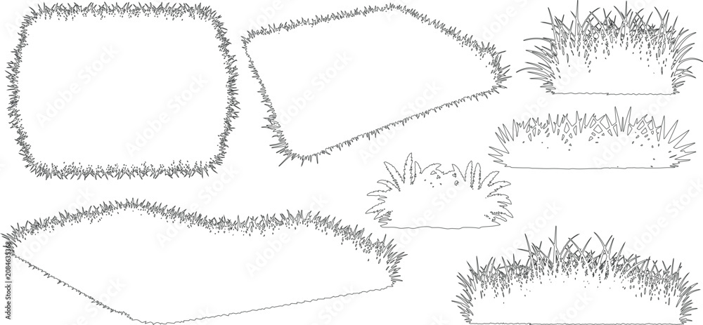 Fototapeta premium collection of hand-drawn grass border icons in a line-style vector, different sizes of grass tufts or bushes. architectural drawings and garden planning.