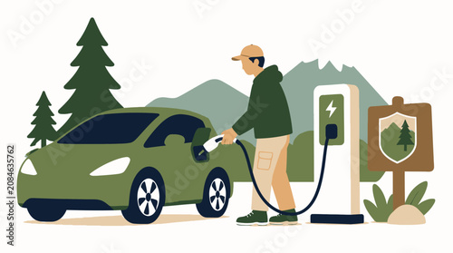 Eco friendly outdoor scene with a man charging a green electric car near trees and hills.