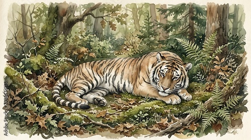 Vintage Watercolor Painting of a Majestic Tiger Resting in a Lush Forest Landscape.