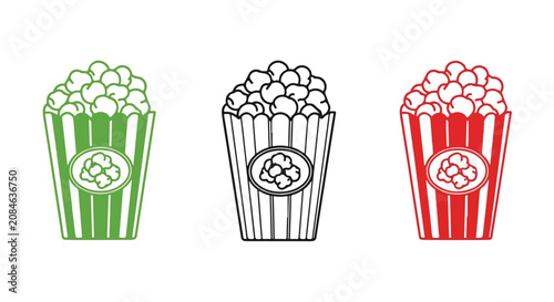 Three colorful popcorn containers in green, black, and red colors arranged side by side.