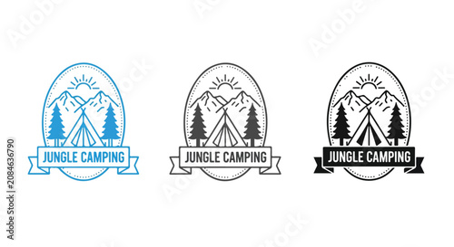 Jungle Camping Logo Emblem Set Featuring Trees, Mountains, and a Cozy Tent in Nature-Inspired Badges.