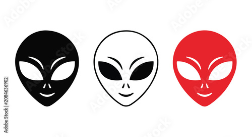 Set of three mask silhouettes in black, white, and red with bold circular shapes.