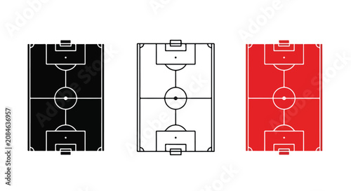 Soccer pitch tactical schematic icon in monochrome with center circle and goal areas.