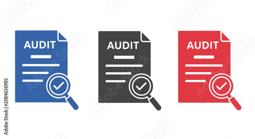 Set of auditing documents with magnifying glass icons representing inspection and verification.