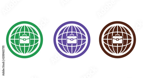 Triptych globe icons with grid lines in green, purple, and brown for graphic resources design.