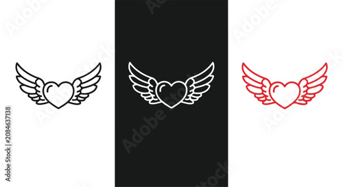 Three Winged Heart Emblems in Black, White, and Inverted Color Variants for Graphic Design.