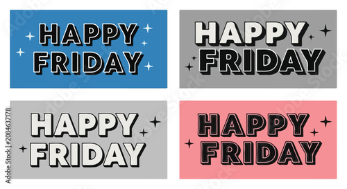 Bold Happy Friday banner collage featuring colorful backgrounds and retro typography.