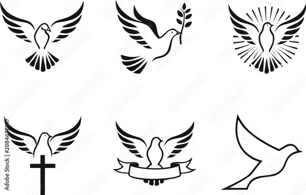 Obraz premium Set of six dove silhouette symbols isolated on transparent background design elements for spiritual and religious concepts.