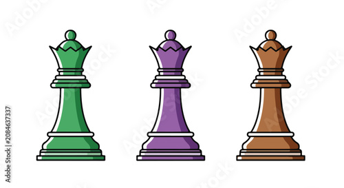 Three colorful knight chess pieces in green purple and brown arranged in a row.